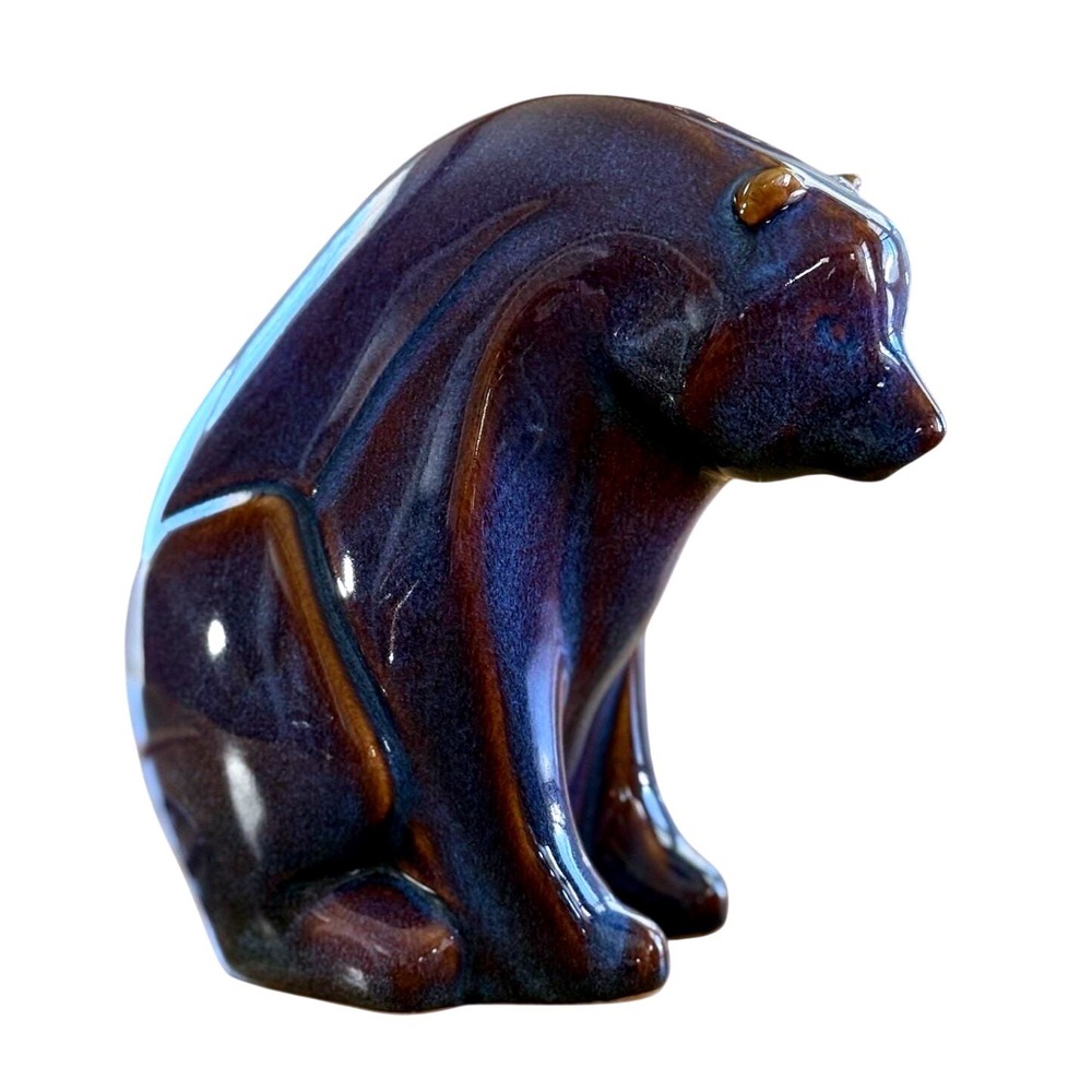 Scandinavian Vintage Blue Brown Drip Glaze‎ Ceramic Bear Figurine Art Sculpture